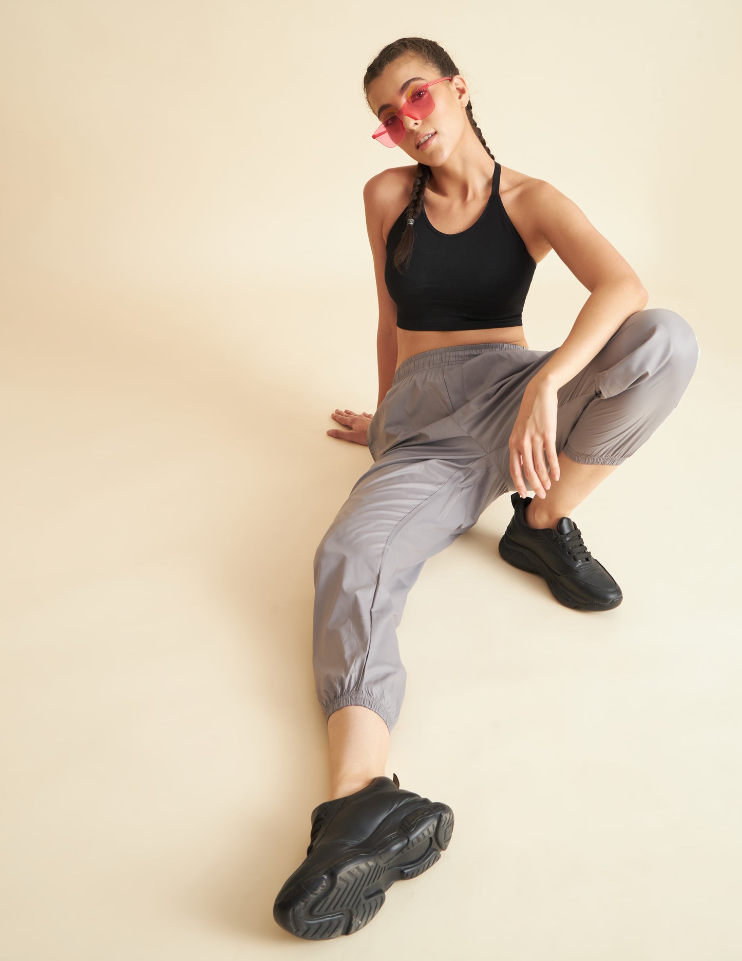 Women Grey NS Loose Fit Solid Training Woven Joggers