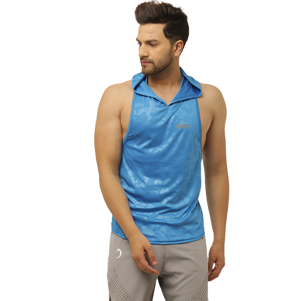 Men s Camouflage Printed Blue Drop Tank with Hood