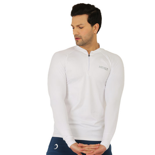 Men's Long Sleeve 1/4 Zipper Polyester Gym workout T-Shirt White