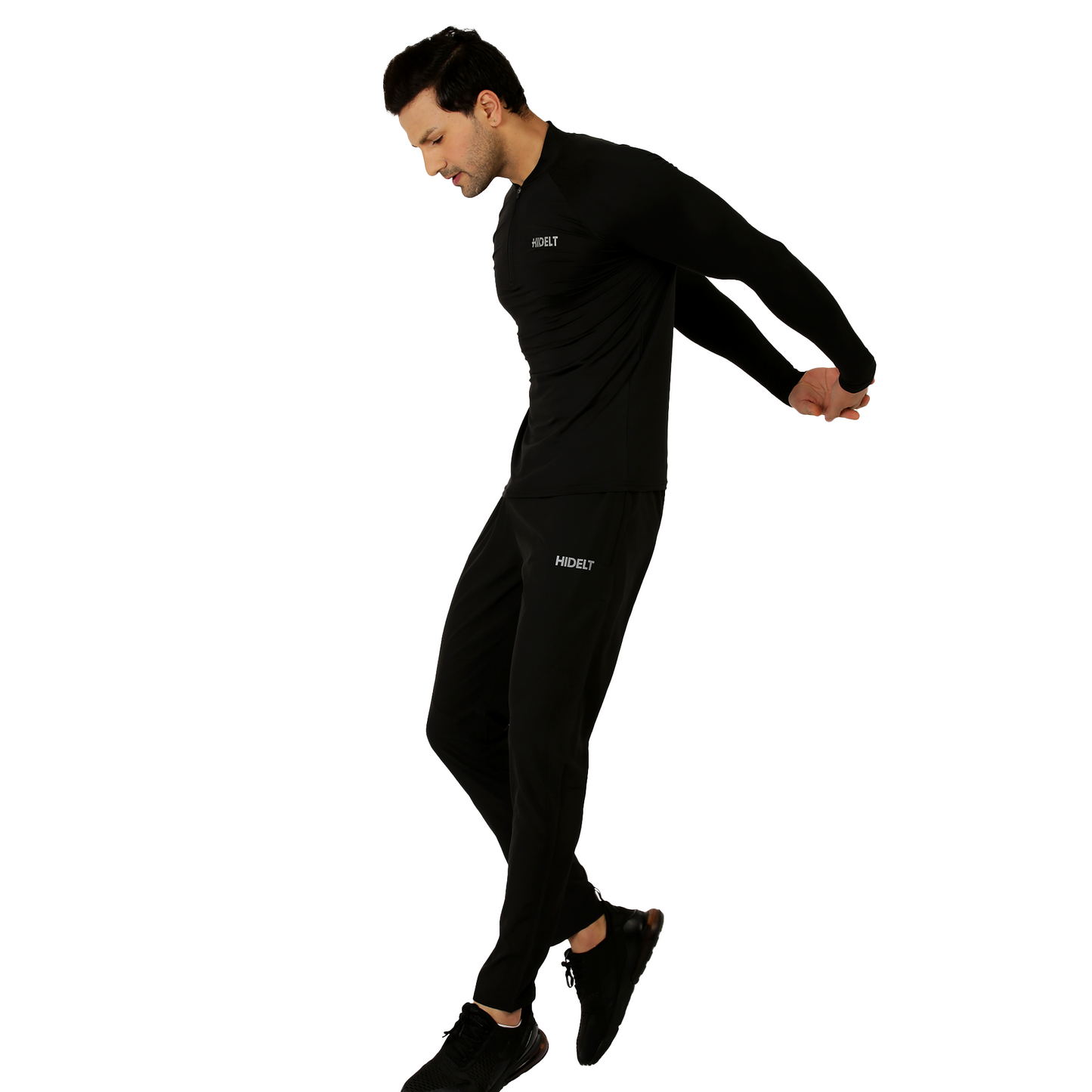Men's Long Sleeve 1/4 Zipper Polyester Gym workout T-Shirt Black
