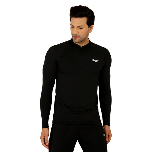 Men's Long Sleeve 1/4 Zipper Polyester Gym workout T-Shirt Black