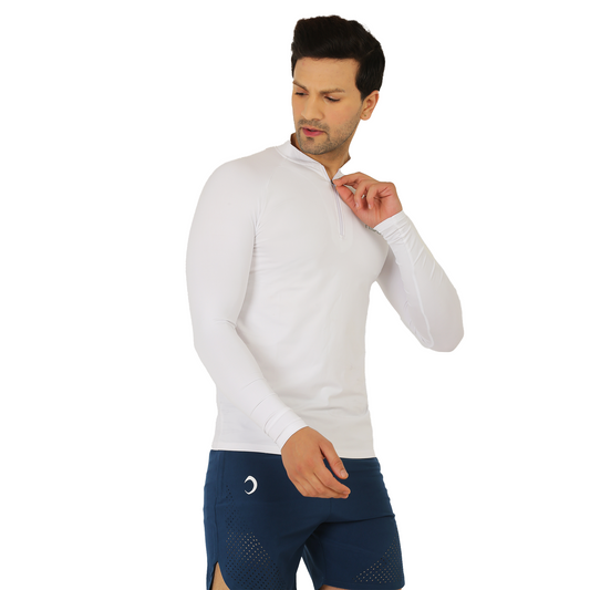Men's Long Sleeve 1/4 Zipper Polyester Gym workout T-Shirt White