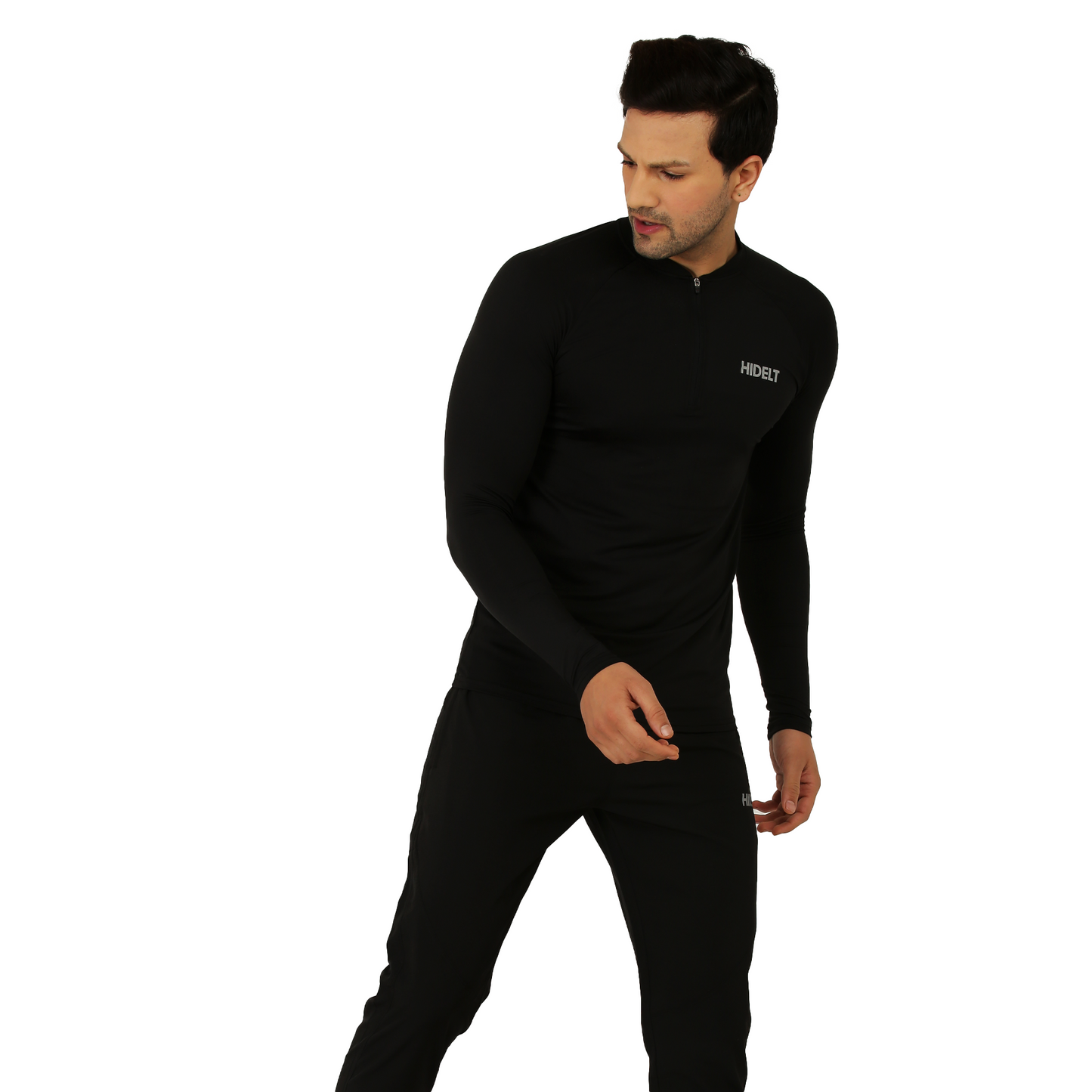 Men's Long Sleeve 1/4 Zipper Polyester Gym workout T-Shirt Black