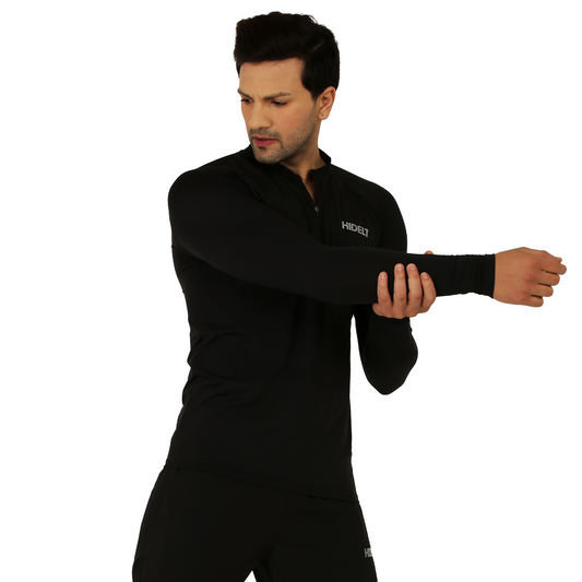 Men's Long Sleeve 1/4 Zipper Polyester Gym workout T-Shirt Black