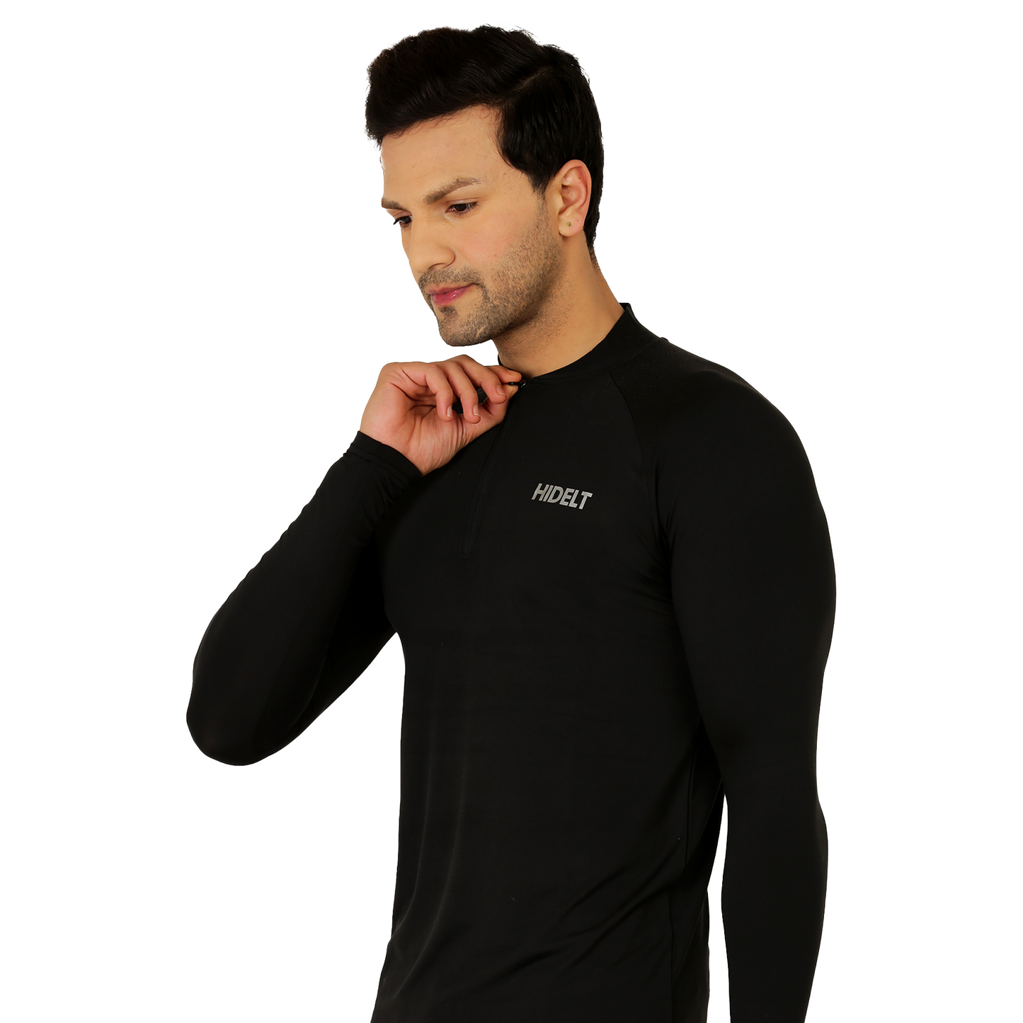 Men's Long Sleeve 1/4 Zipper Polyester Gym workout T-Shirt Black